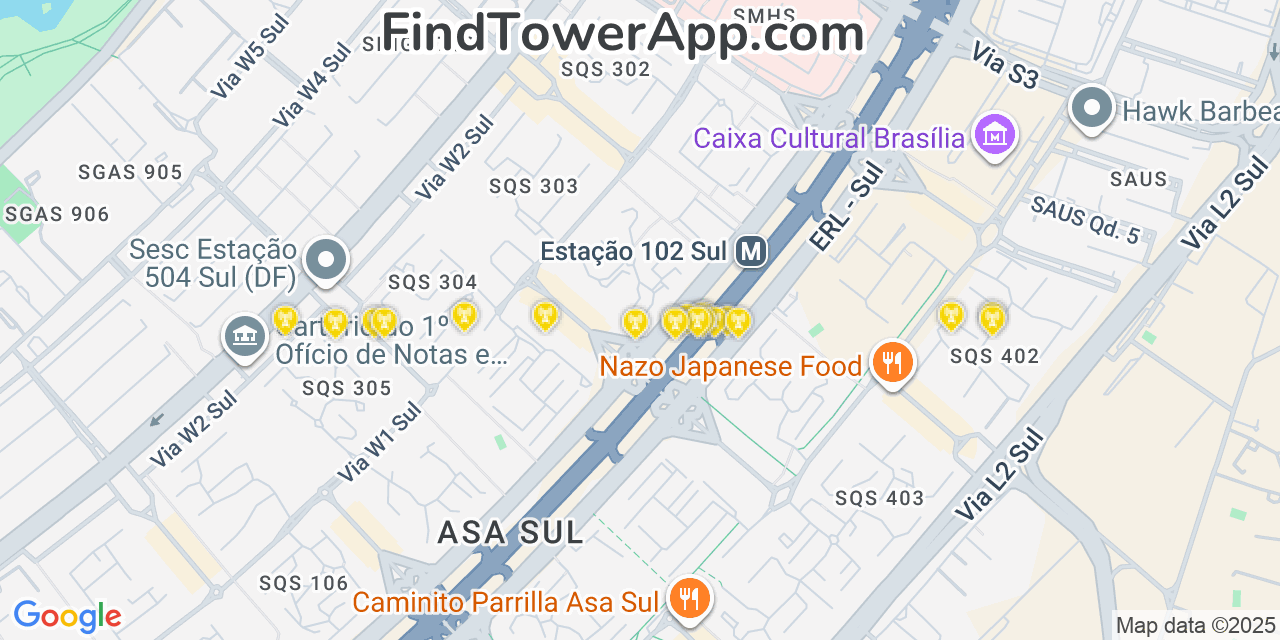 Map showing the 20 primary cell tower locations detected in Brasília, Brazil with coverage areas and signal strength