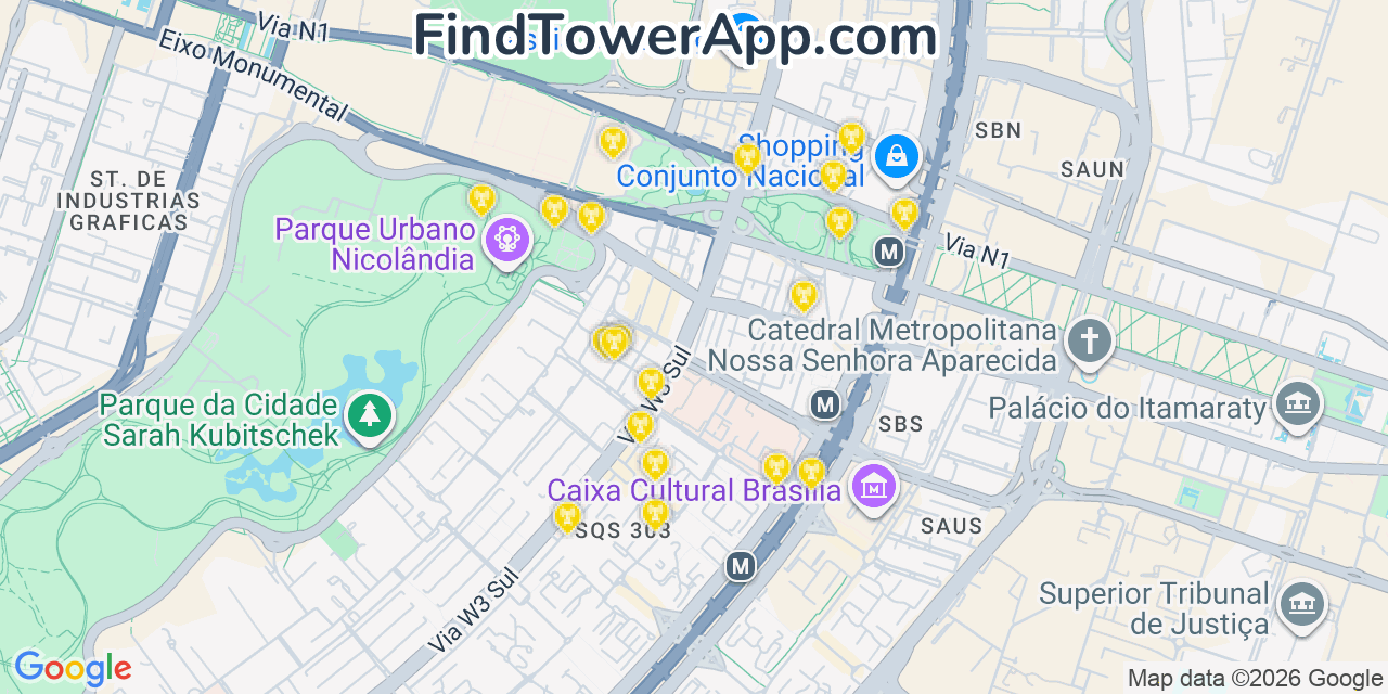Map showing the 20 primary NII Holdings cell tower locations in Brasília, Brazil