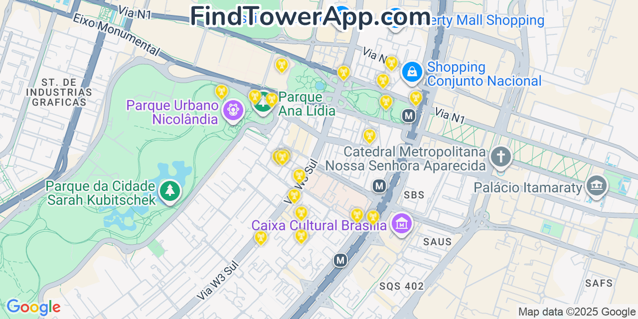 Map showing the 20 primary NII Holdings, cell tower locations in Brasília, Brazil