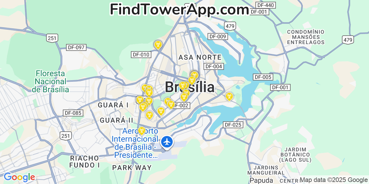 Map showing the 26 primary Oi cell tower locations in Brasília, Brazil