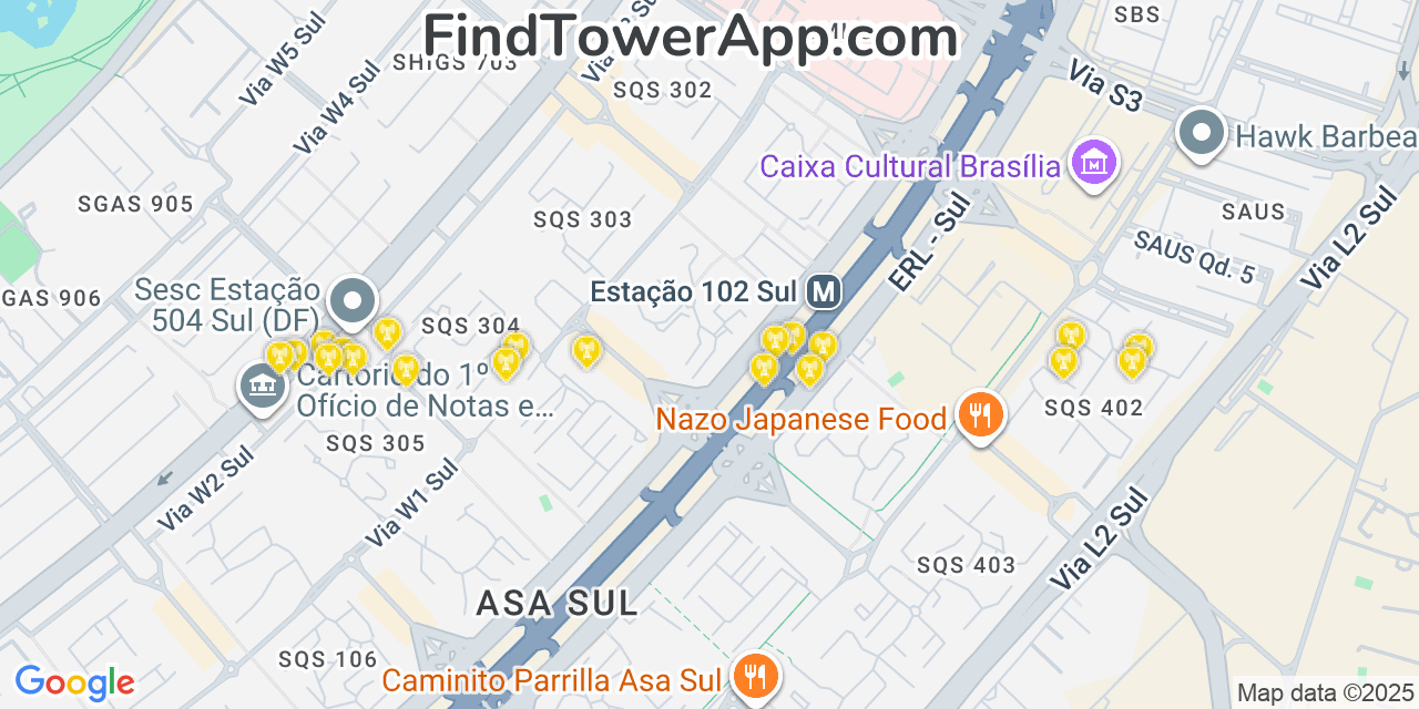 Map showing the 20 primary TIM cell tower locations in Brasília, Brazil