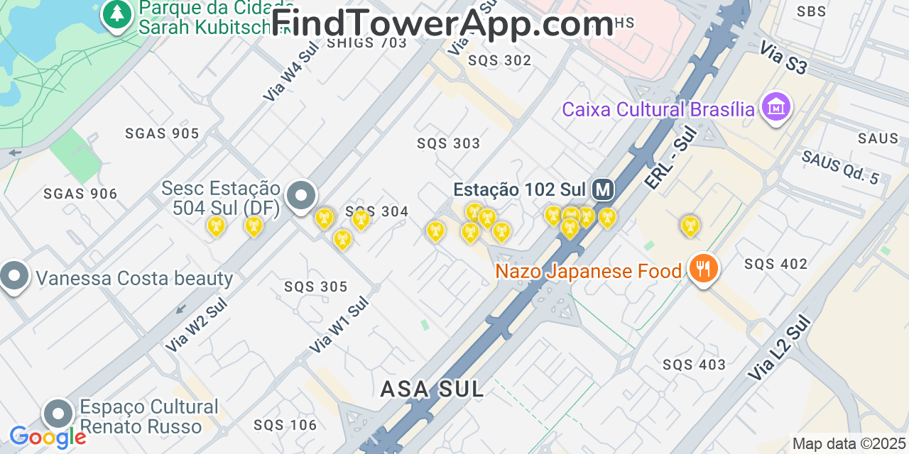 Map showing the 20 primary Vivo cell tower locations in Brasília, Brazil