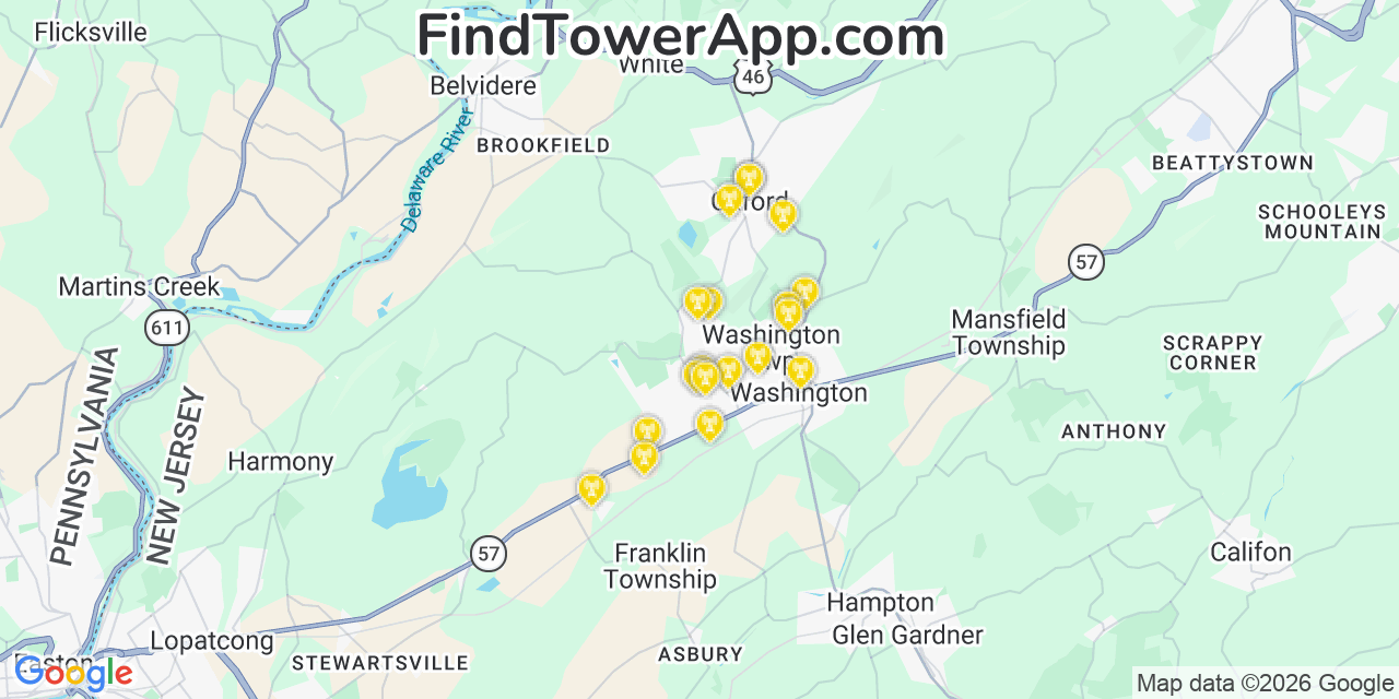 Map showing the 20 primary cell tower locations detected in Brass Castle, New Jersey from AT&T, Verizon, and T-Mobile networks