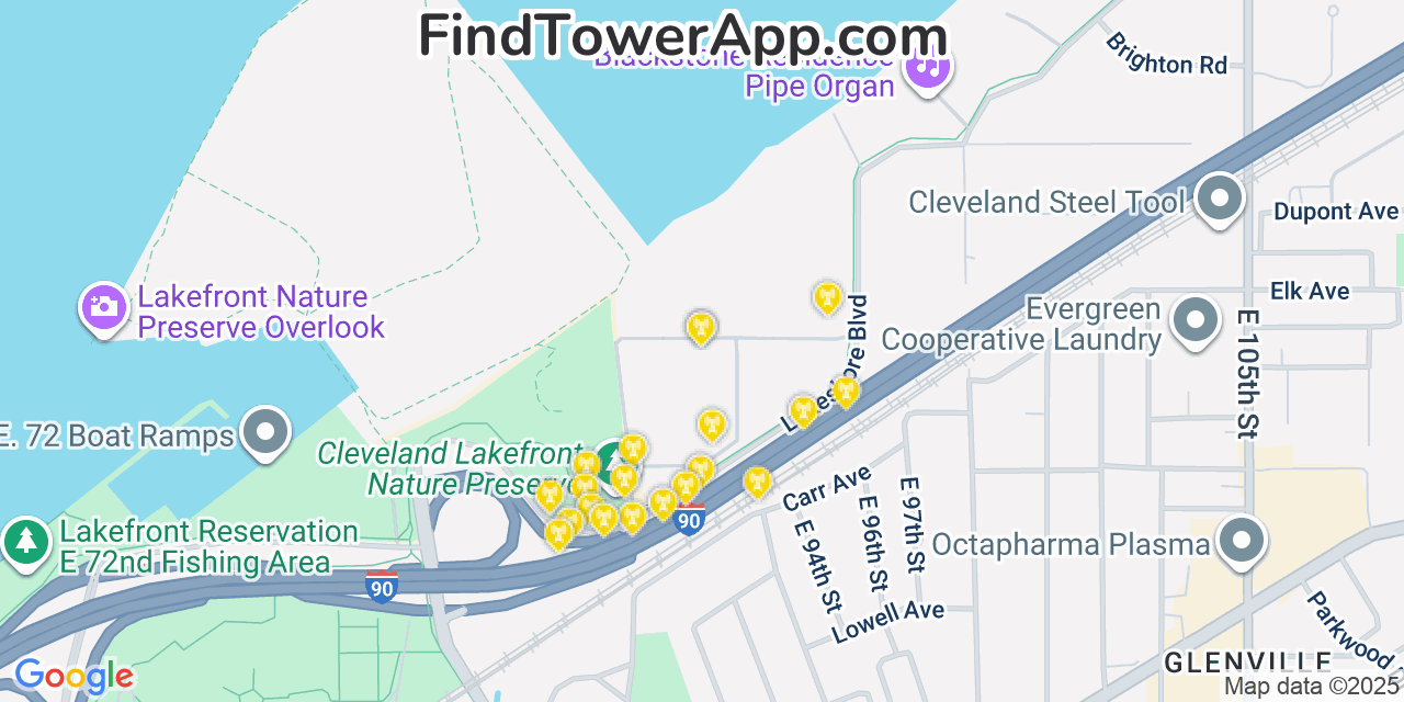 Map showing the 20 primary cell tower locations detected in Bratenahl, Ohio from AT&T, Verizon, and T-Mobile networks