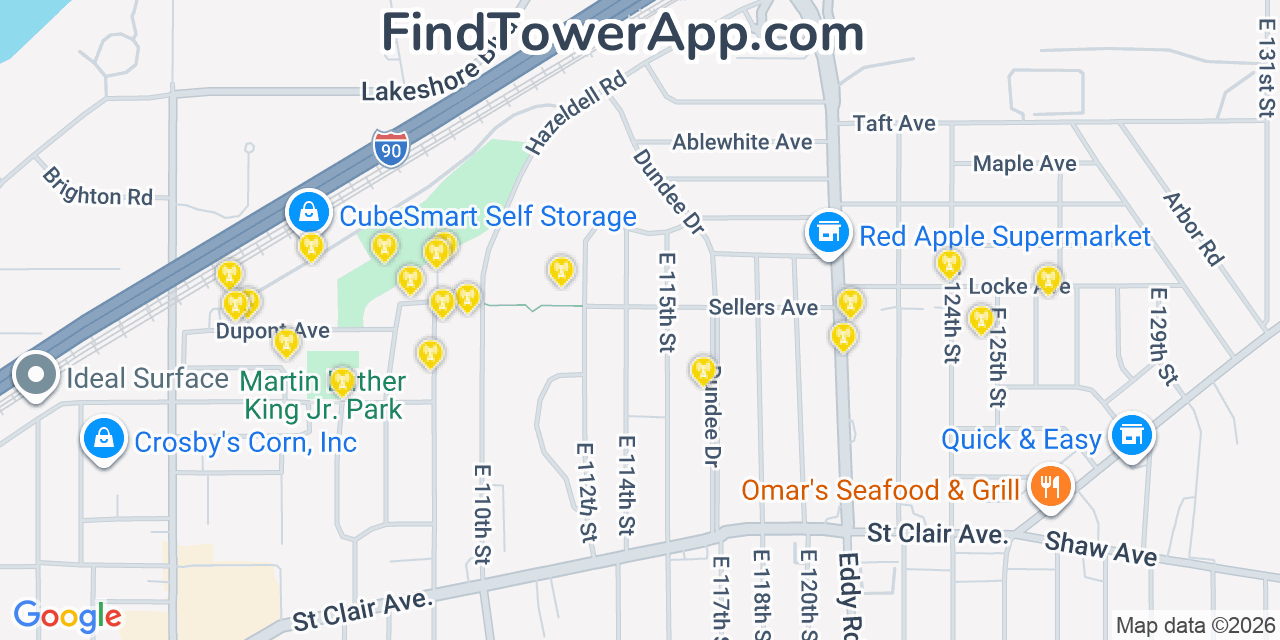 Map showing the 20 primary cell tower locations detected in Bratenahl, Ohio from AT&T, Verizon, and T-Mobile networks