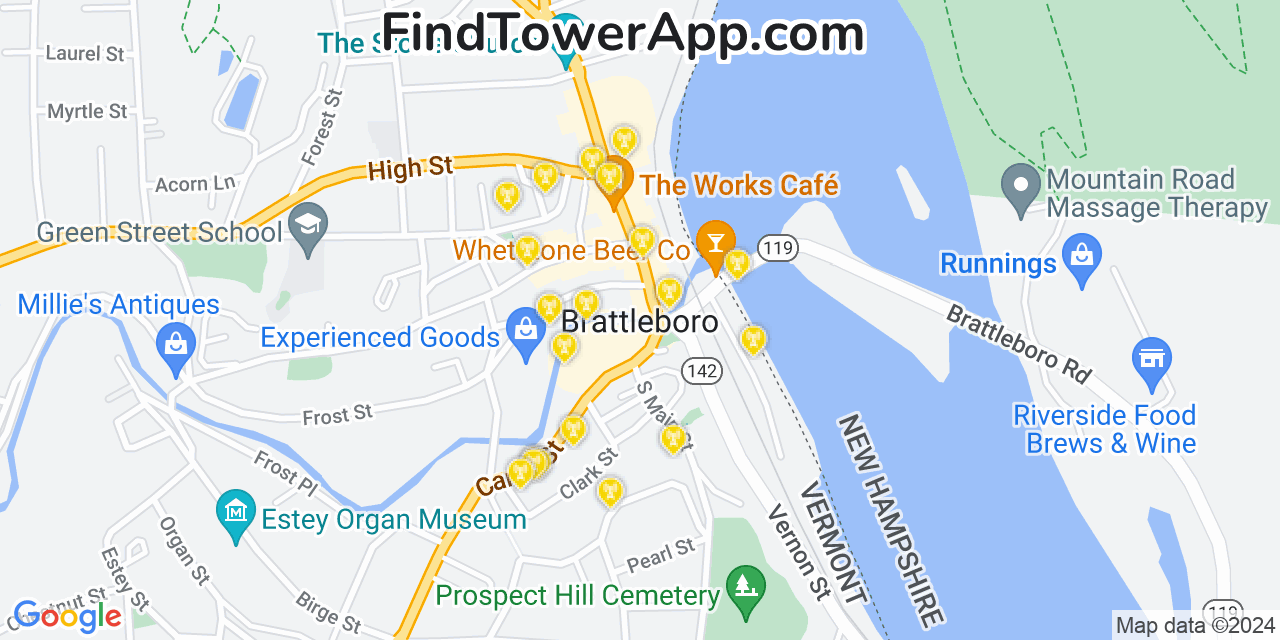 AT&T 4G/5G cell tower coverage map Brattleboro, Vermont