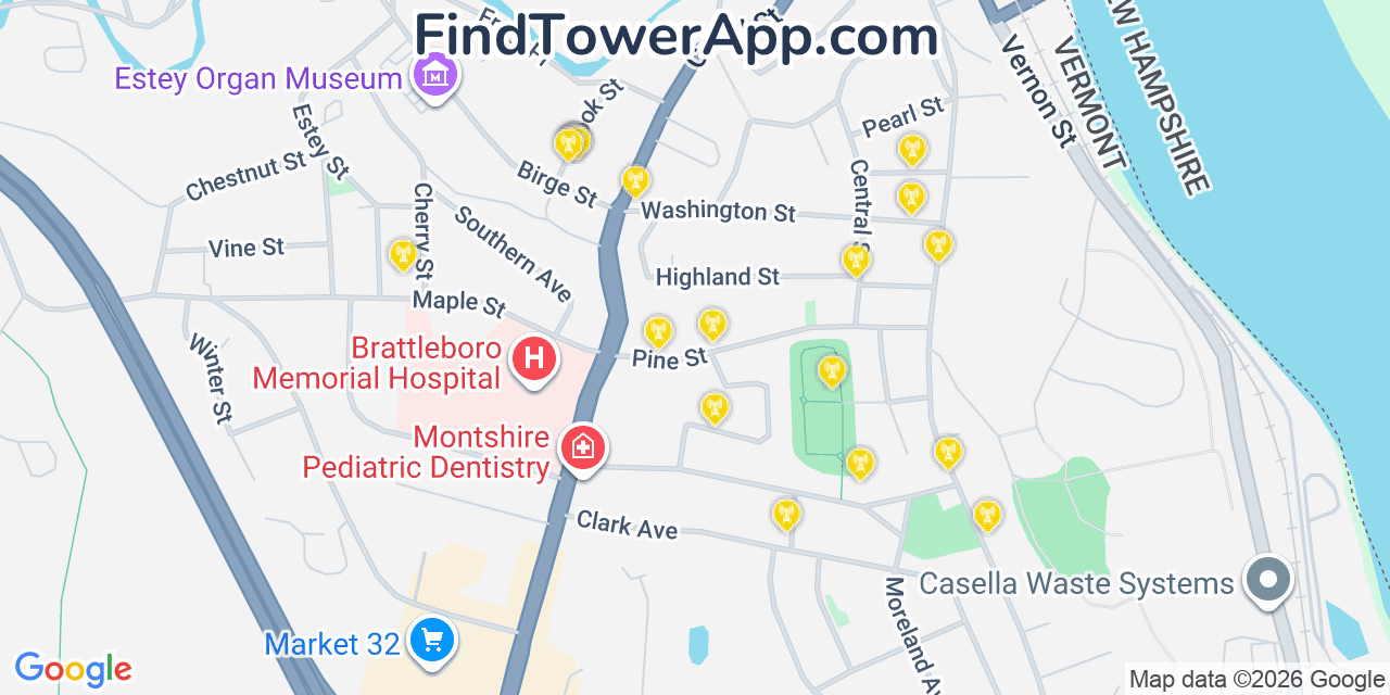 Map showing the 20 primary cell tower locations detected in Brattleboro, Vermont from AT&T, Verizon, and T-Mobile networks