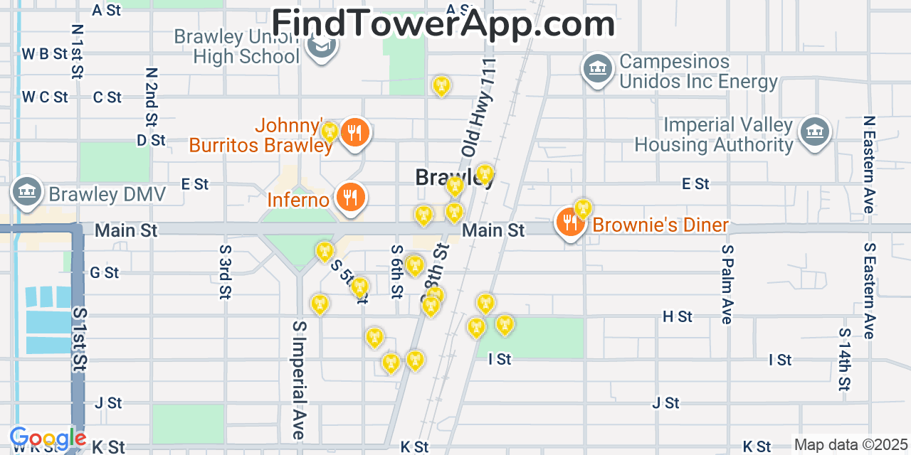 Map showing the 20 primary cell tower locations detected in Brawley, California from AT&T, Verizon, and T-Mobile networks