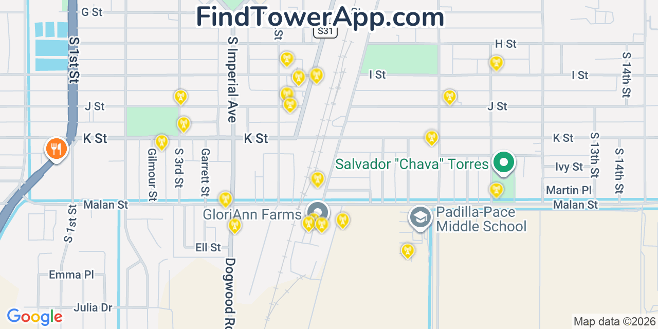 Map showing the 20 primary cell tower locations detected in Brawley, California from AT&T, Verizon, and T-Mobile networks