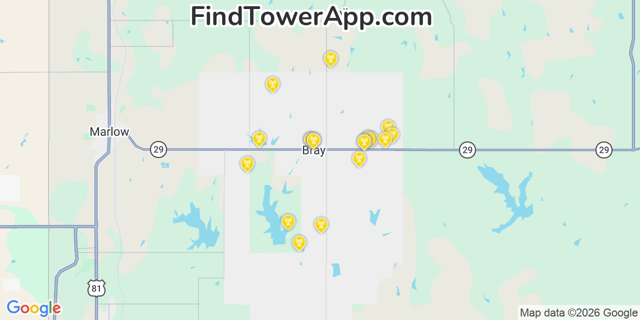Map showing the 20 primary cell tower locations detected in Bray, Oklahoma from AT&T, Verizon, and T-Mobile networks
