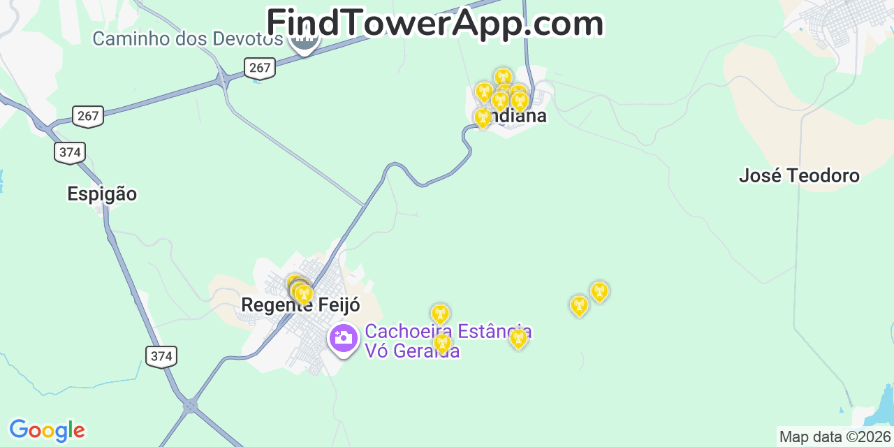 Map showing the 20 primary cell tower locations detected in Brazil, Indiana from AT&T, Verizon, and T-Mobile networks