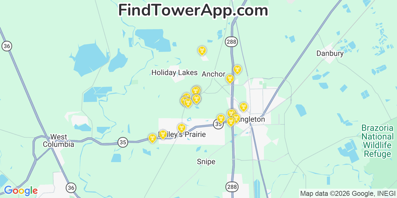 Map showing the 20 primary cell tower locations detected in Brazoria, Texas from AT&T, Verizon, and T-Mobile networks