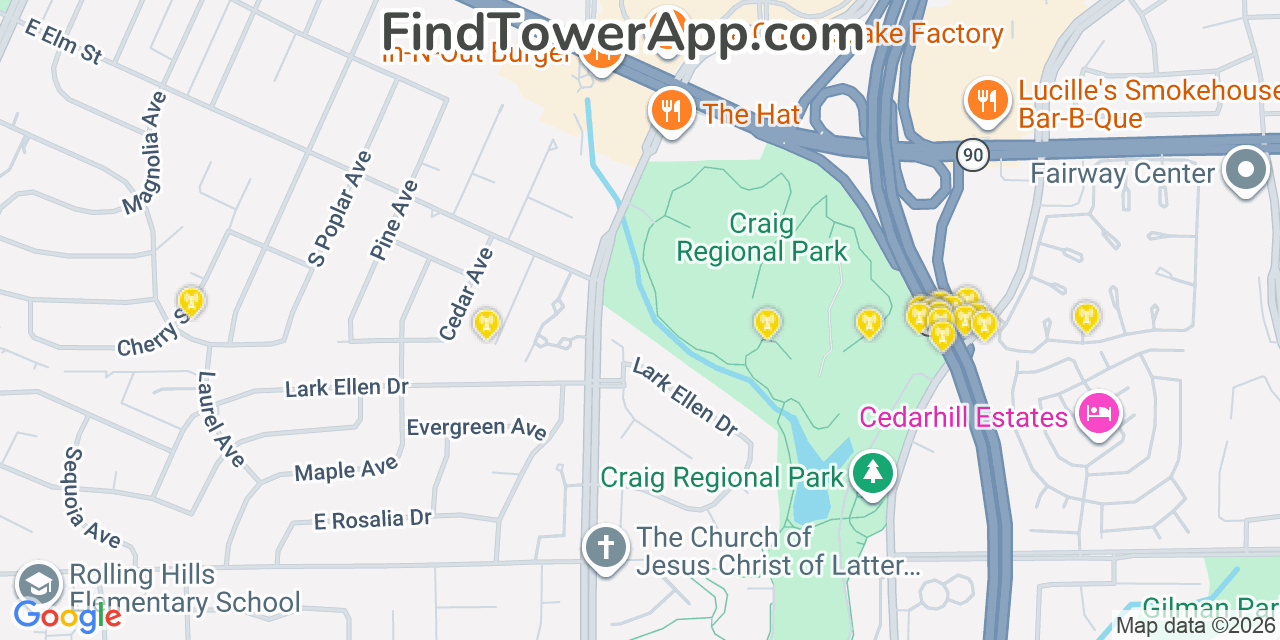 Map showing the 20 primary cell tower locations detected in Brea, California from AT&T, Verizon, and T-Mobile networks