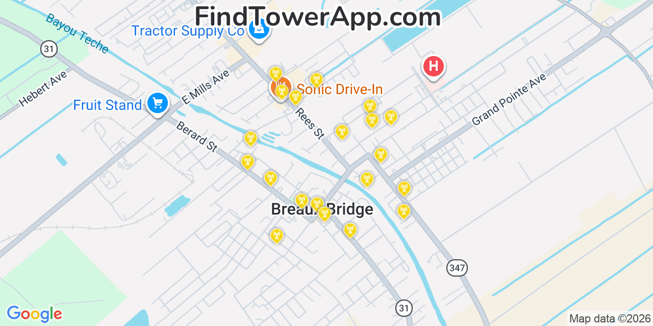 Map showing the 20 primary cell tower locations detected in Breaux Bridge, Louisiana from AT&T, Verizon, and T-Mobile networks