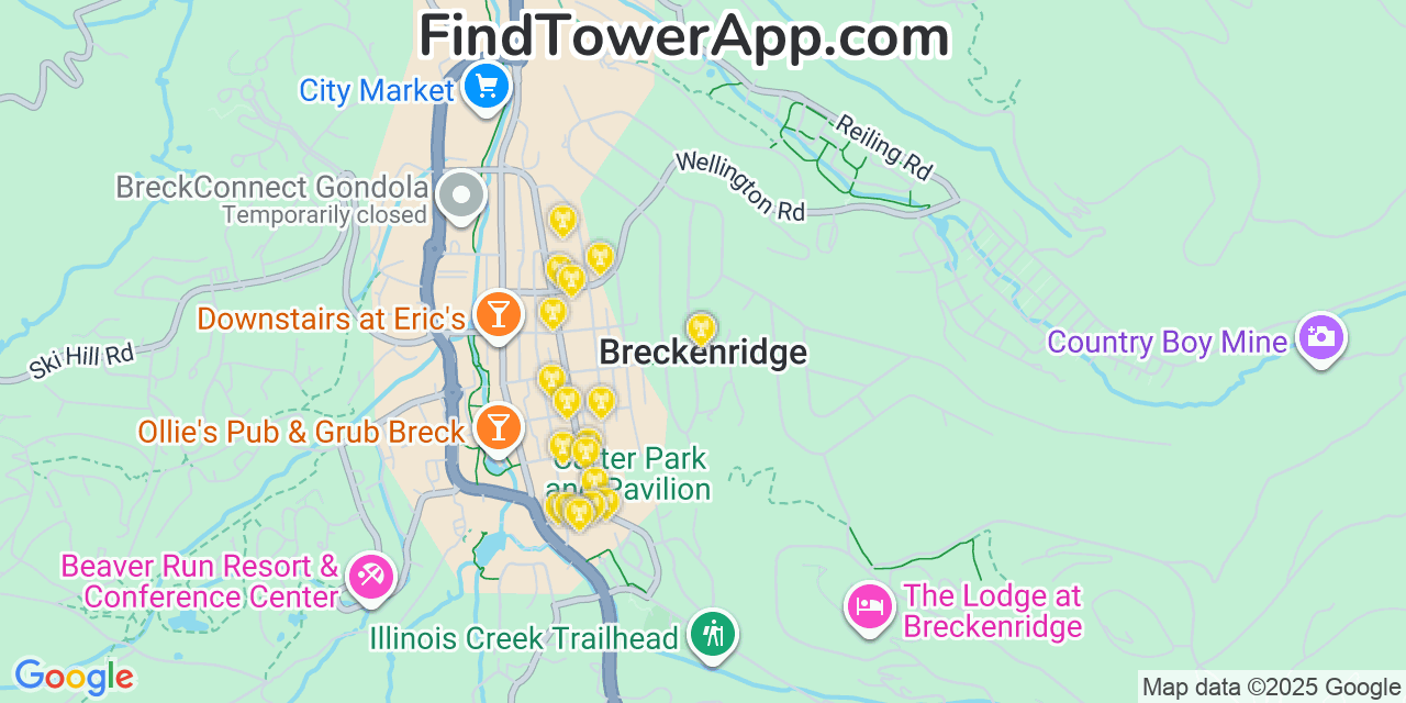 Map showing the 20 primary cell tower locations detected in Breckenridge, Colorado from AT&T, Verizon, and T-Mobile networks