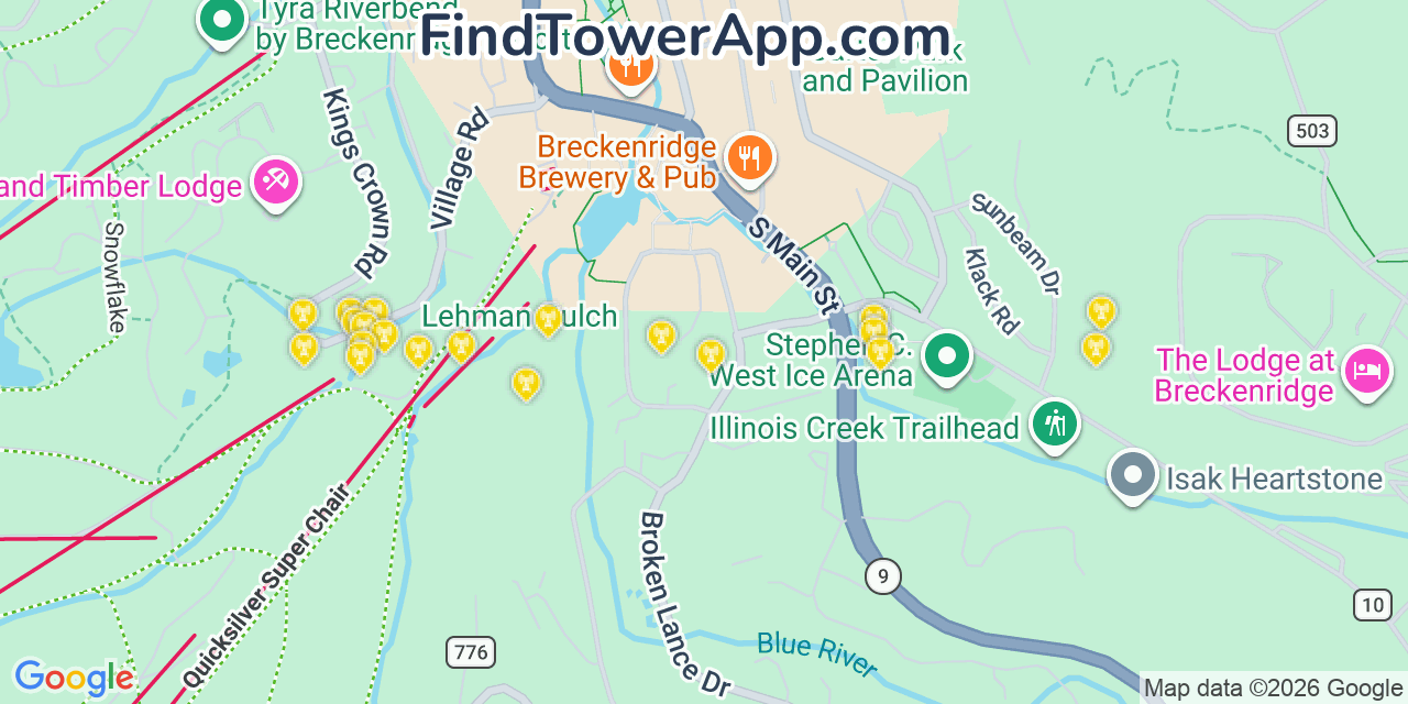 Map showing the 20 primary cell tower locations detected in Breckenridge, Colorado from AT&T, Verizon, and T-Mobile networks