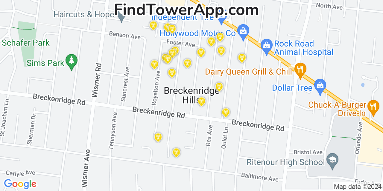 AT&T 4G/5G cell tower coverage map Breckenridge Hills, Missouri