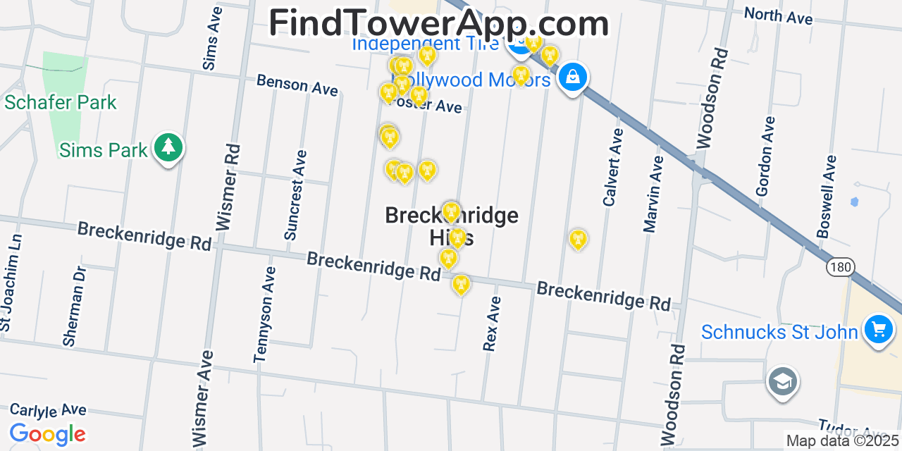 Map showing the 20 primary cell tower locations detected in Breckenridge Hills, Missouri from AT&T, Verizon, and T-Mobile networks