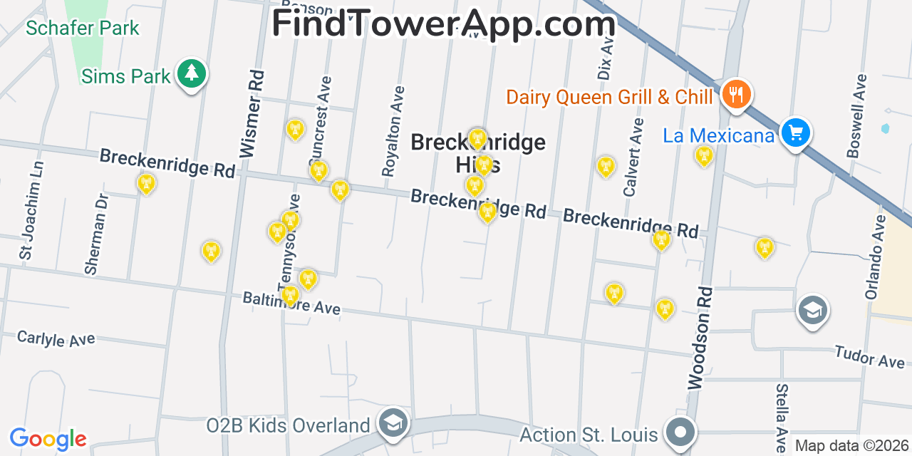 Map showing the 20 primary cell tower locations detected in Breckenridge Hills, Missouri from AT&T, Verizon, and T-Mobile networks