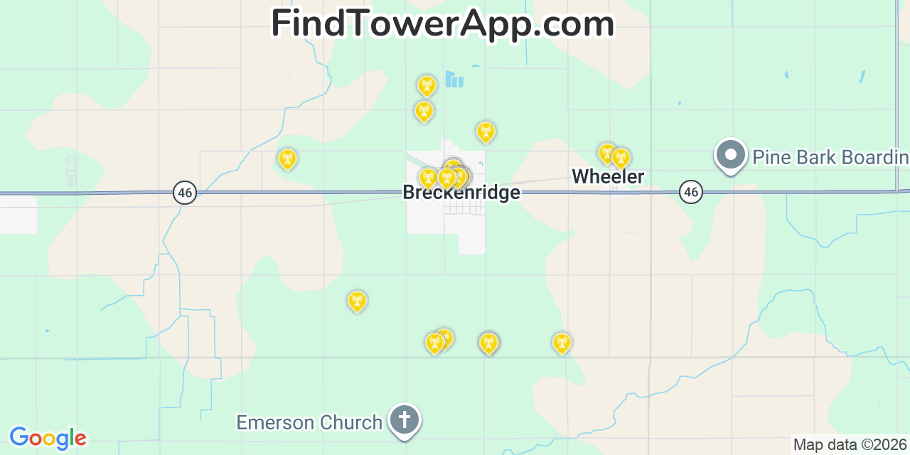 Map showing the 20 primary cell tower locations detected in Breckenridge, Michigan from AT&T, Verizon, and T-Mobile networks