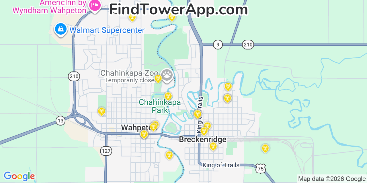 Map showing the 20 primary cell tower locations detected in Breckenridge, Minnesota from AT&T, Verizon, and T-Mobile networks