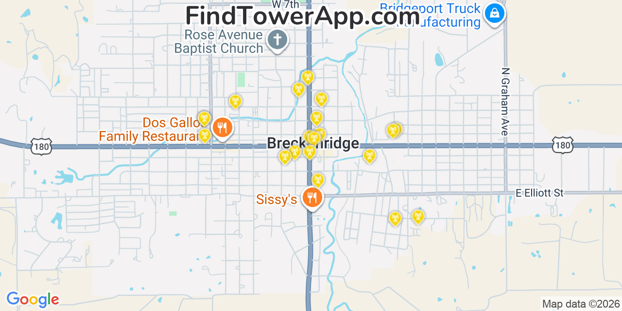 Map showing the 20 primary cell tower locations detected in Breckenridge, Texas from AT&T, Verizon, and T-Mobile networks