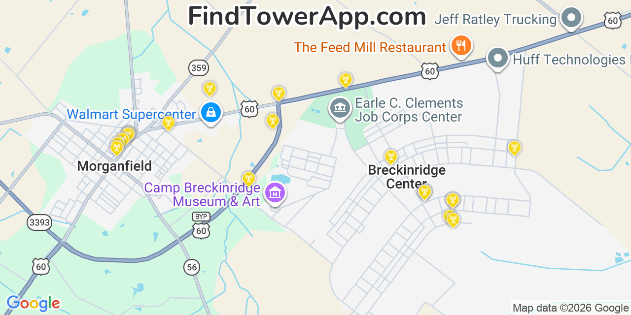 Map showing the 20 primary cell tower locations detected in Breckinridge Center, Kentucky from AT&T, Verizon, and T-Mobile networks