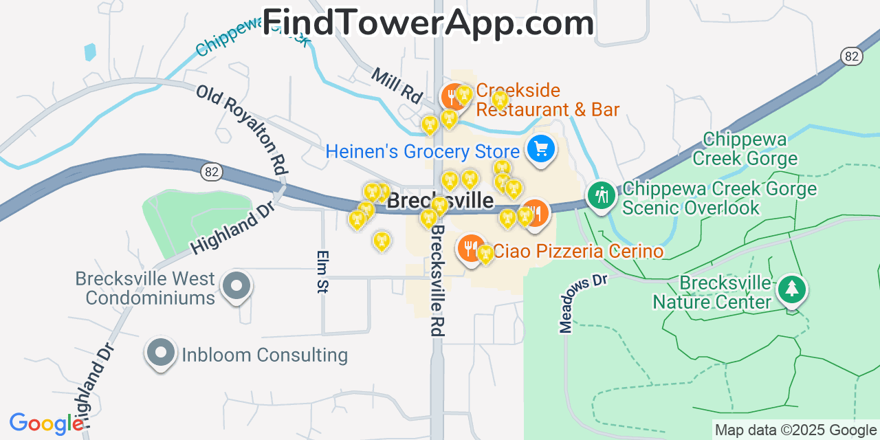 Map showing the 20 primary cell tower locations detected in Brecksville, Ohio from AT&T, Verizon, and T-Mobile networks