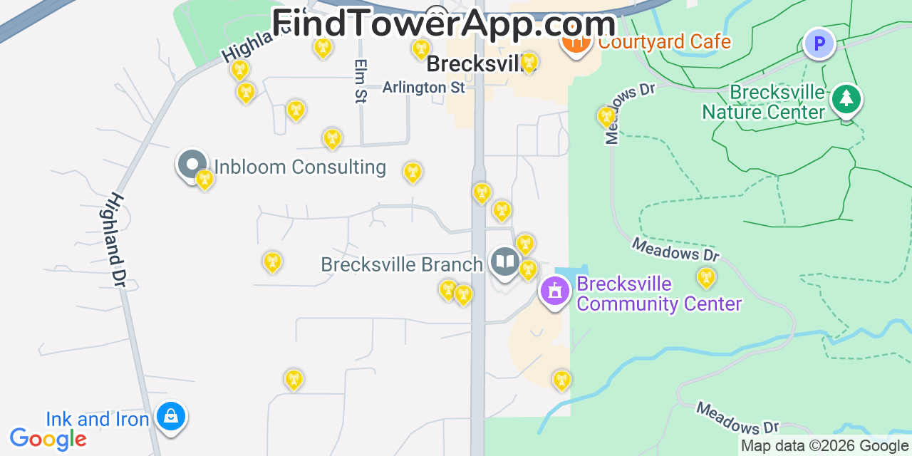 Map showing the 20 primary cell tower locations detected in Brecksville, Ohio from AT&T, Verizon, and T-Mobile networks