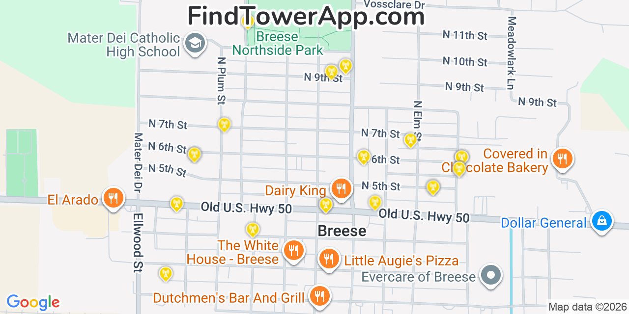 Map showing the 20 primary cell tower locations detected in Breese, Illinois from AT&T, Verizon, and T-Mobile networks