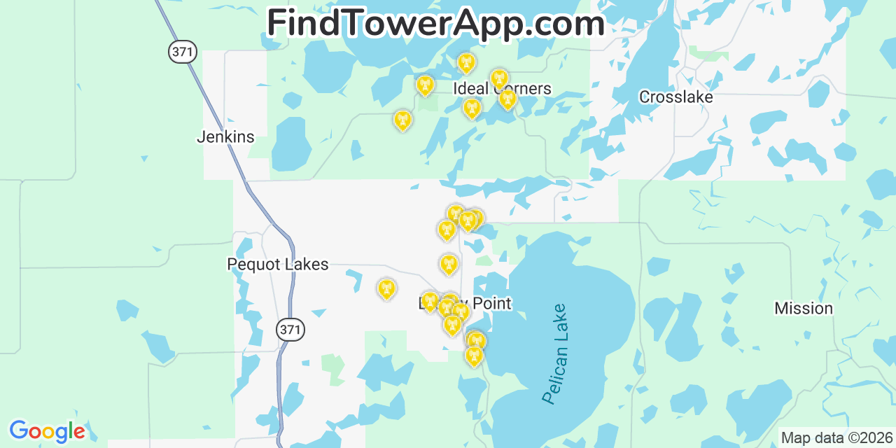 Map showing the 20 primary cell tower locations detected in Breezy Point, Minnesota from AT&T, Verizon, and T-Mobile networks