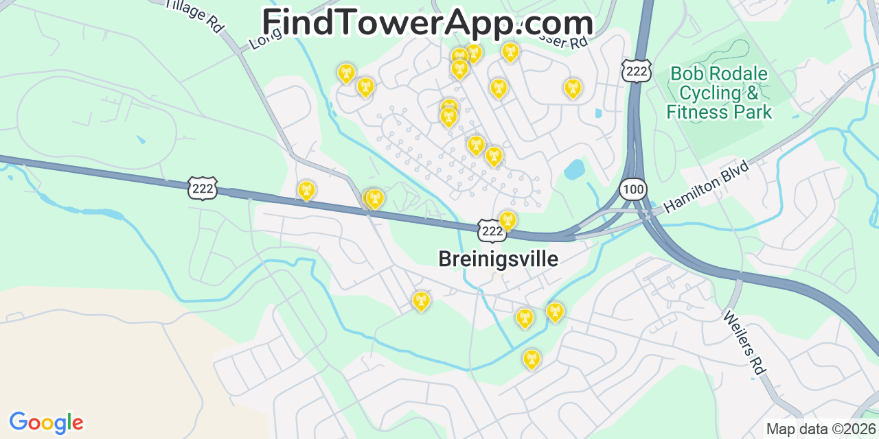 Map showing the 20 primary cell tower locations detected in Breinigsville, Pennsylvania from AT&T, Verizon, and T-Mobile networks