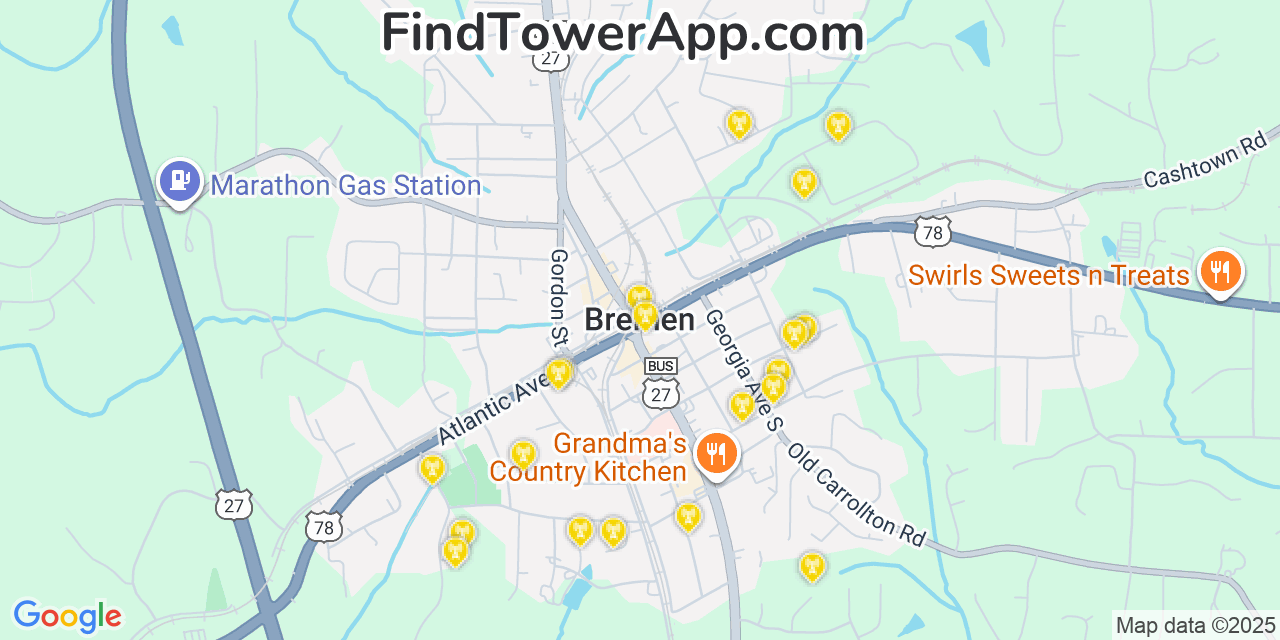 Map showing the 20 primary cell tower locations detected in Bremen, Georgia from AT&T, Verizon, and T-Mobile networks