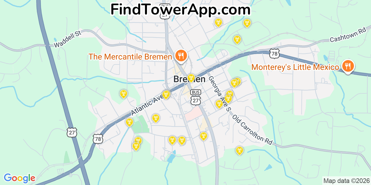 Map showing the 20 primary cell tower locations detected in Bremen, Georgia from AT&T, Verizon, and T-Mobile networks