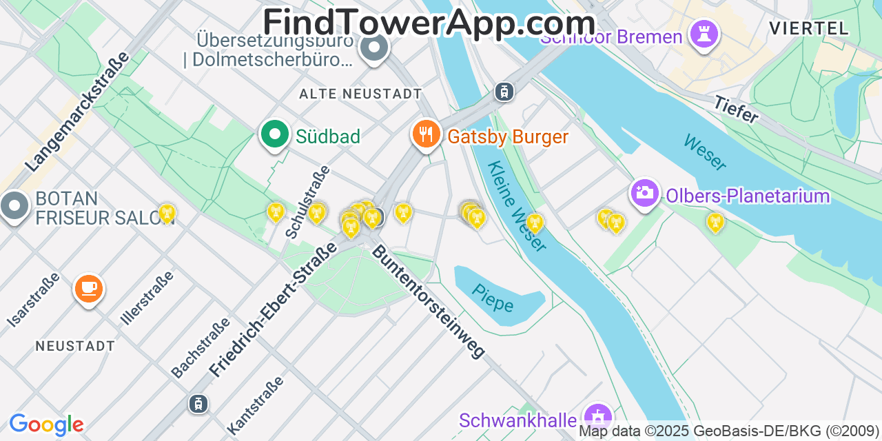 Map showing the 20 primary cell tower locations detected in Bremen, Germany with coverage areas and signal strength