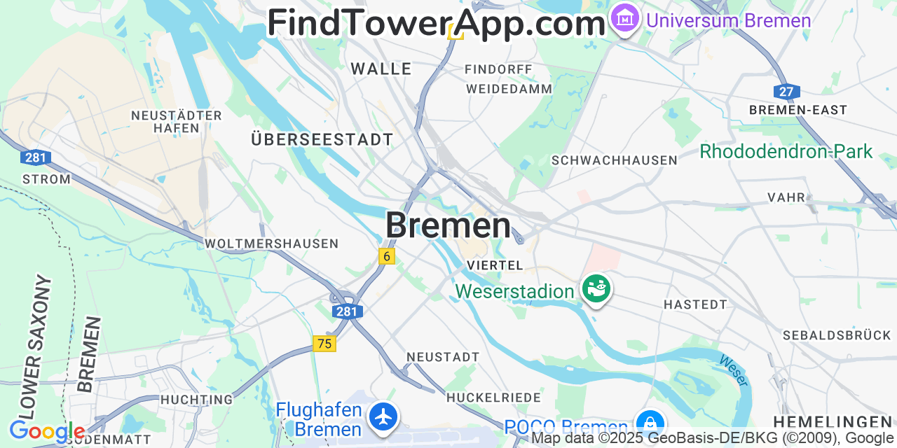 Map showing the 0 primary O2 cell tower locations detected in Bremen, Germany with coverage radius and signal strength indicators