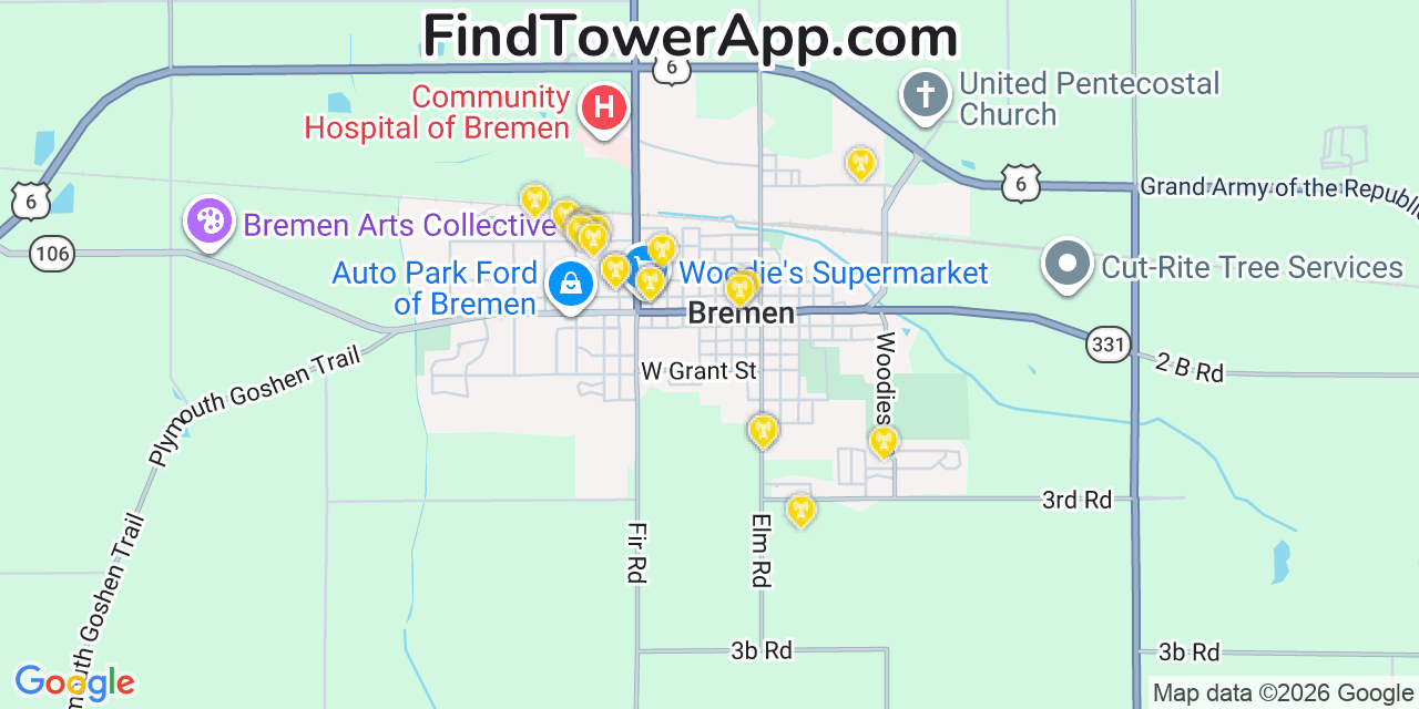 Map showing the 20 primary cell tower locations detected in Bremen, Indiana from AT&T, Verizon, and T-Mobile networks