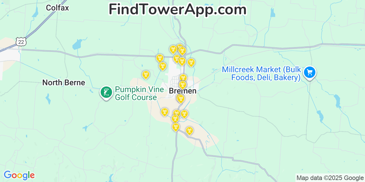 Map showing the 20 primary cell tower locations detected in Bremen, Ohio from AT&T, Verizon, and T-Mobile networks