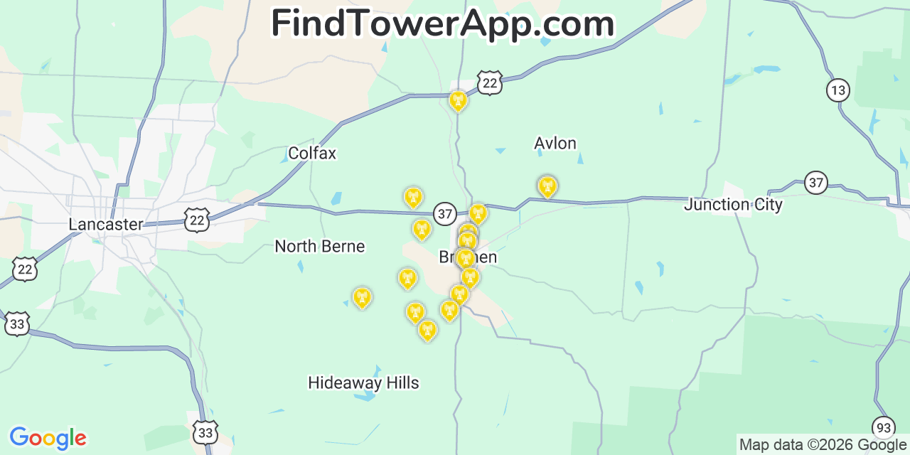 Map showing the 20 primary cell tower locations detected in Bremen, Ohio from AT&T, Verizon, and T-Mobile networks