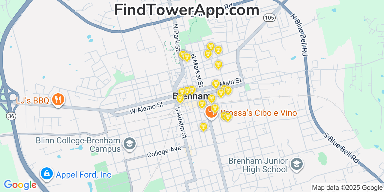 Map showing the 20 primary cell tower locations detected in Brenham, Texas from AT&T, Verizon, and T-Mobile networks