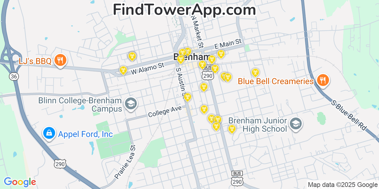 Map showing the 20 primary cell tower locations detected in Brenham, Texas from AT&T, Verizon, and T-Mobile networks