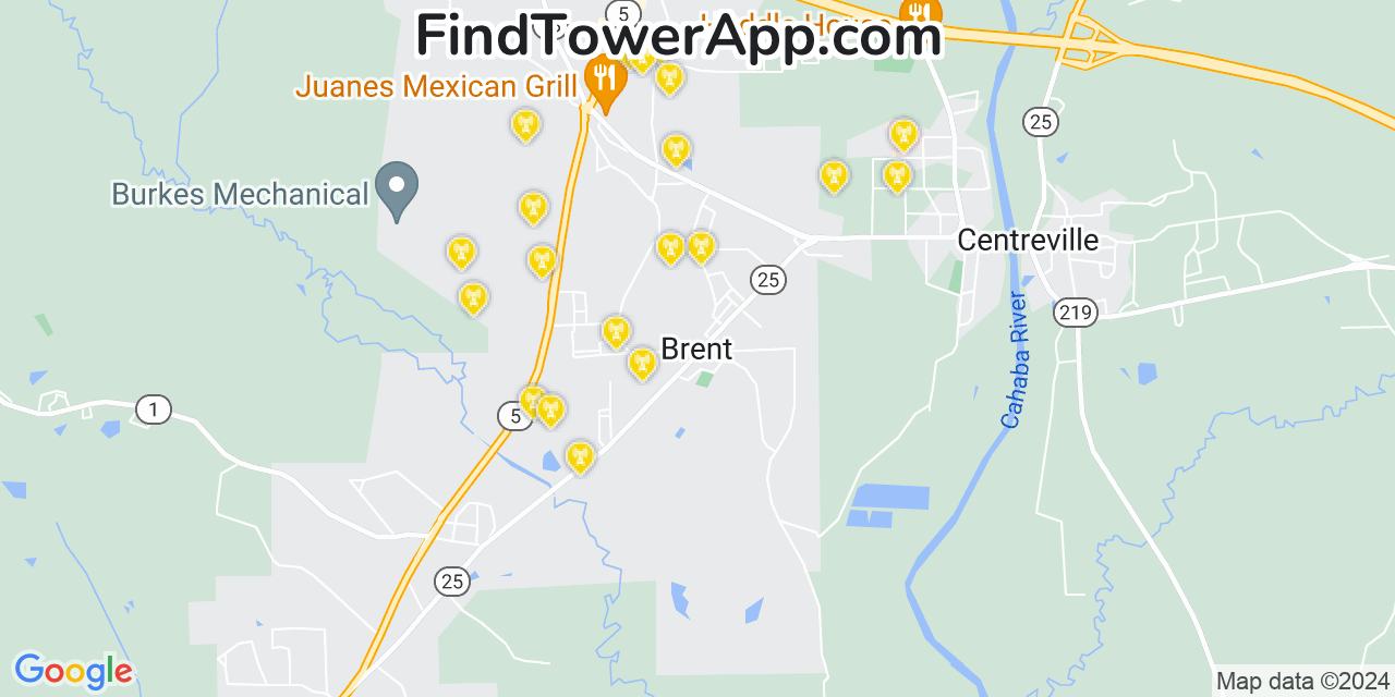 AT&T 4G/5G cell tower coverage map Brent, Alabama