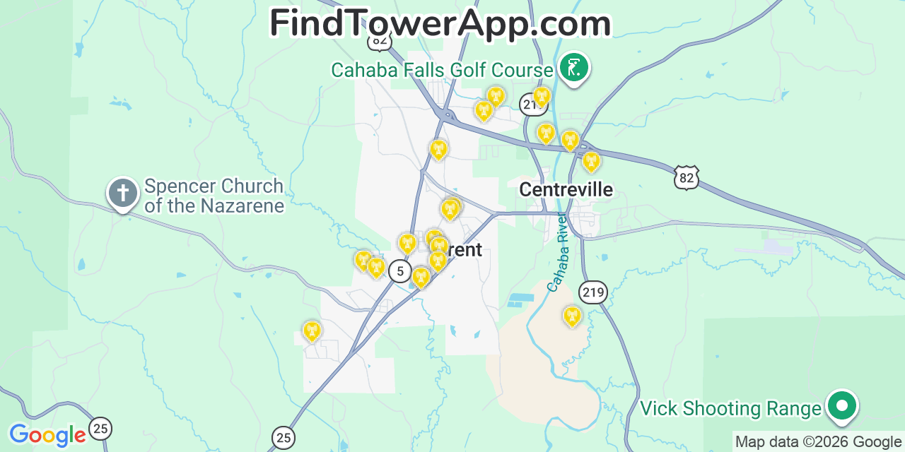 Map showing the 20 primary cell tower locations detected in Brent, Alabama from AT&T, Verizon, and T-Mobile networks
