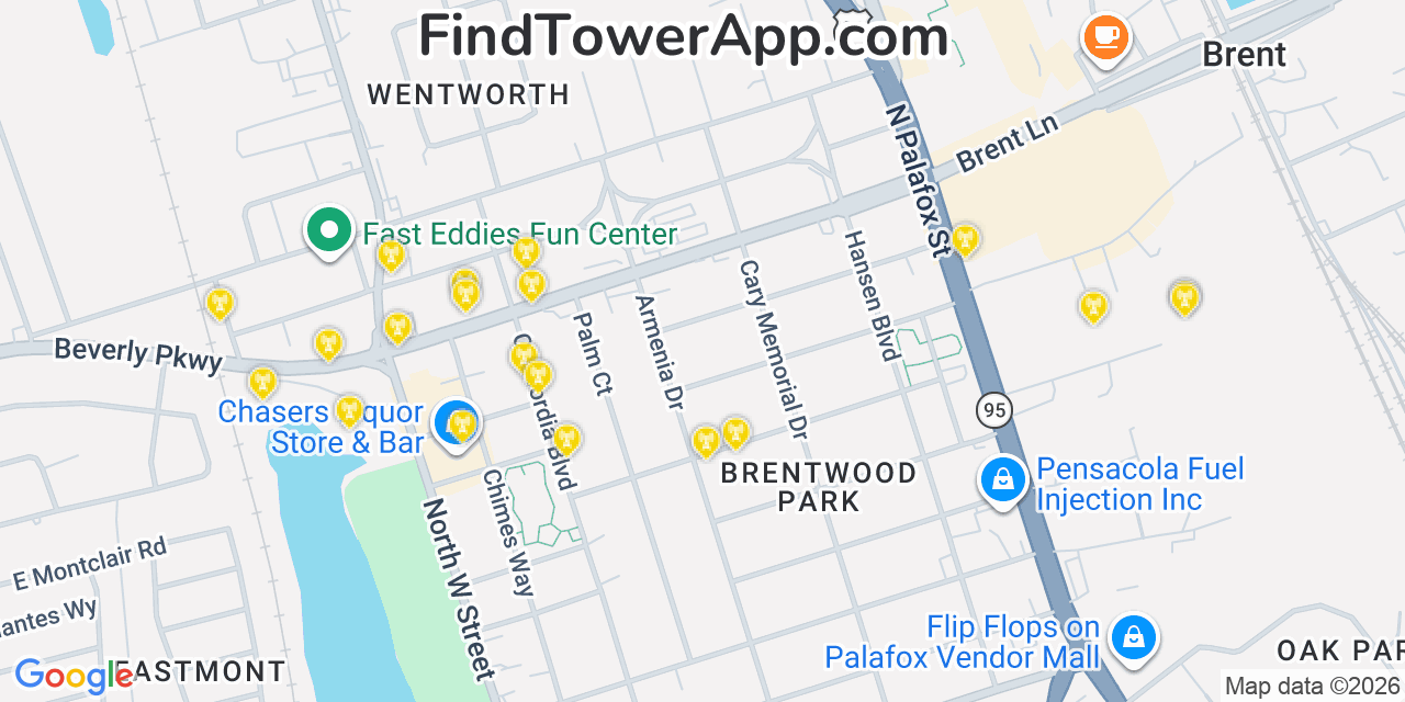 Map showing the 20 primary cell tower locations detected in Brent, Florida from AT&T, Verizon, and T-Mobile networks