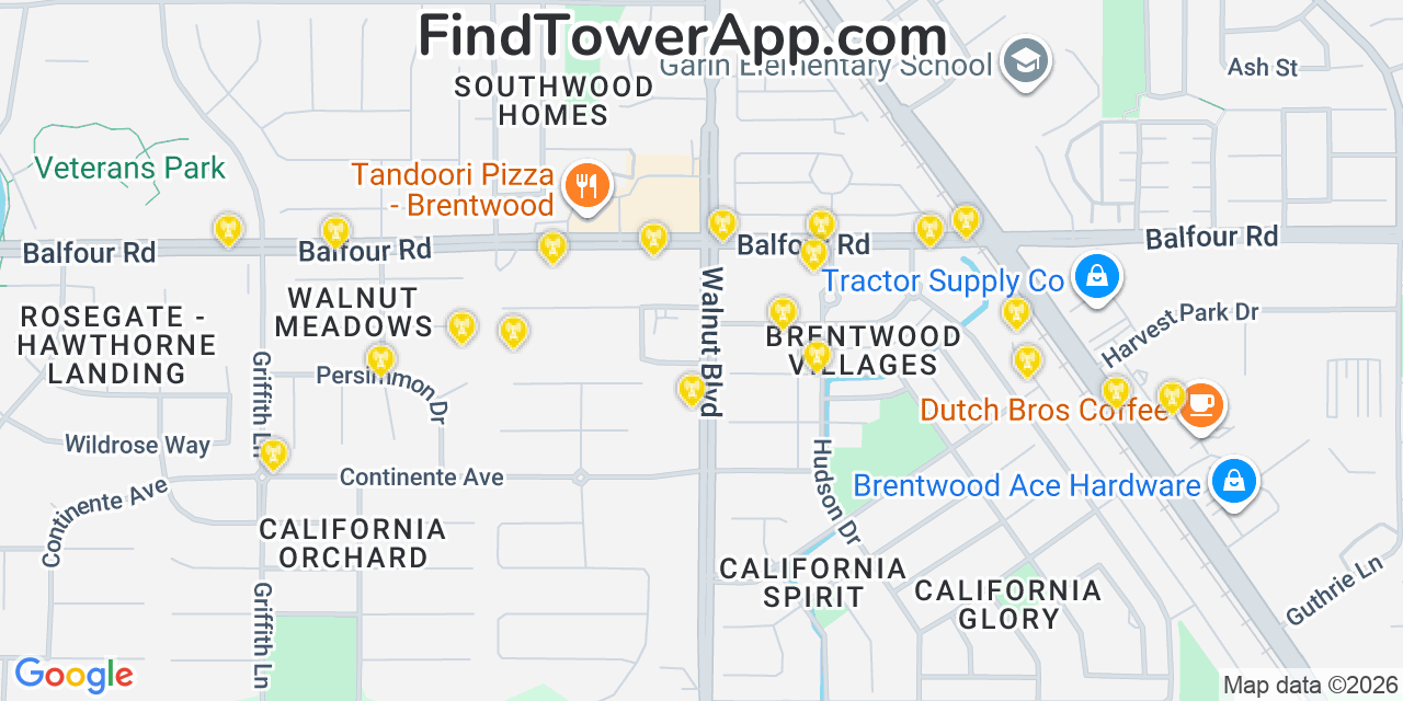 Map showing the 20 primary cell tower locations detected in Brentwood, California from AT&T, Verizon, and T-Mobile networks