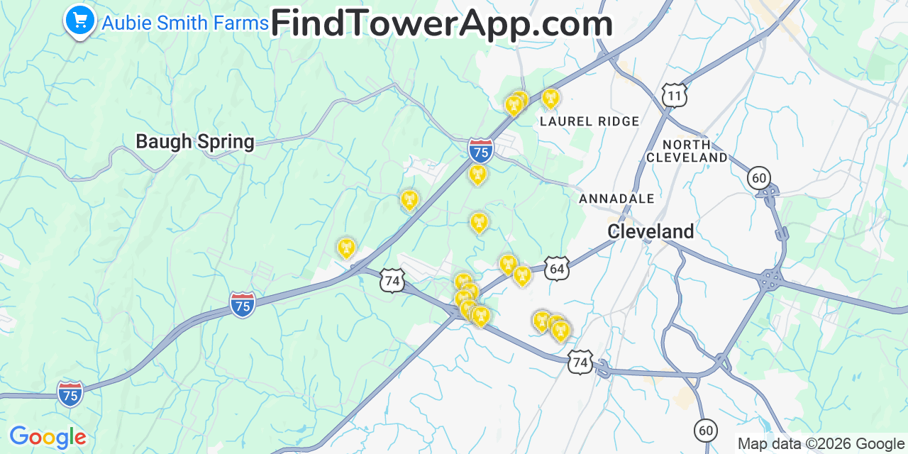 Map showing the 20 primary cell tower locations detected in Brentwood Estates, Tennessee from AT&T, Verizon, and T-Mobile networks