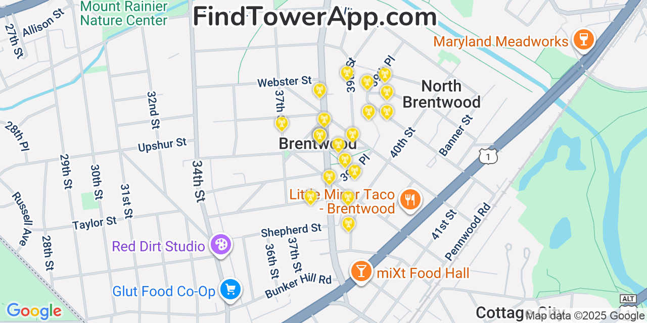 Map showing the 20 primary cell tower locations detected in Brentwood, Maryland from AT&T, Verizon, and T-Mobile networks