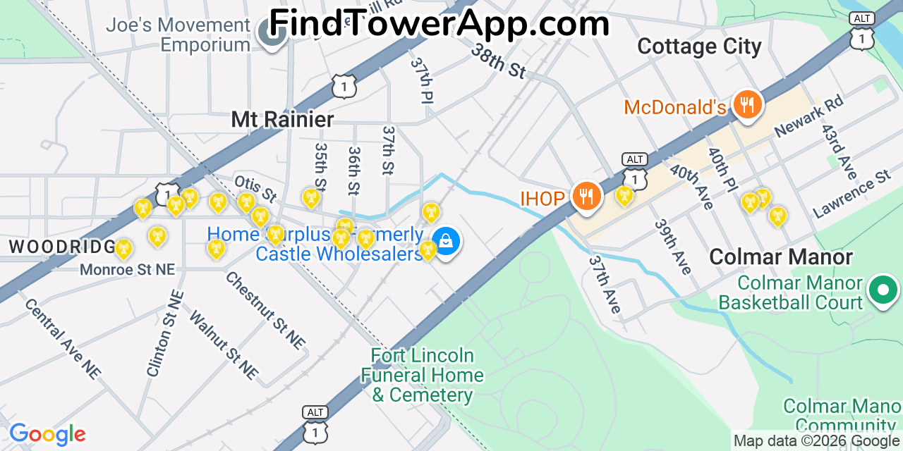Map showing the 20 primary cell tower locations detected in Brentwood, Maryland from AT&T, Verizon, and T-Mobile networks