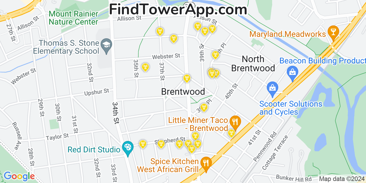 T-Mobile 4G/5G cell tower coverage map Brentwood, Maryland