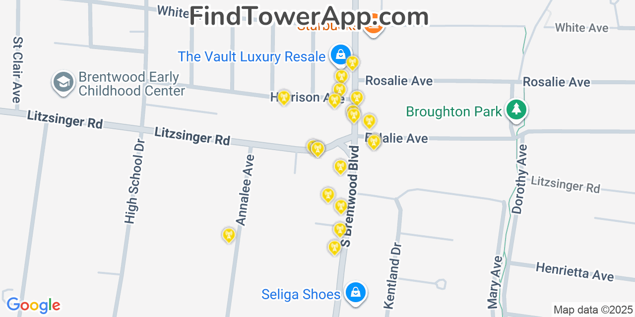 Map showing the 20 primary cell tower locations detected in Brentwood, Missouri from AT&T, Verizon, and T-Mobile networks